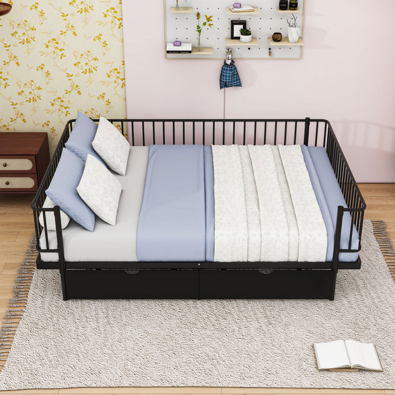 Metal Platform Bed with Storage Drawers, Black, Queen