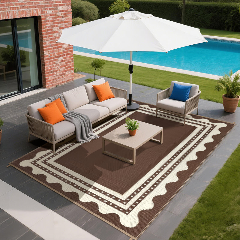 Waterproof Outdoor Rug 8x10 for Patio, Reversible Modern Area Rug, Large Plastic Straw Mat for Camping, RV, Porch, Backyard, Deck, Picnic, Beach, Brown & Beige