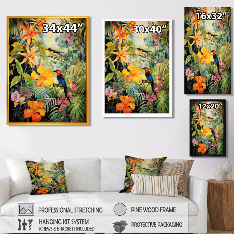 Oiseaux colorés dans une jungle tropicale fleurie - décoration murale oiseau, Toile tendue, H 32 po x l 24 po x P 1 po