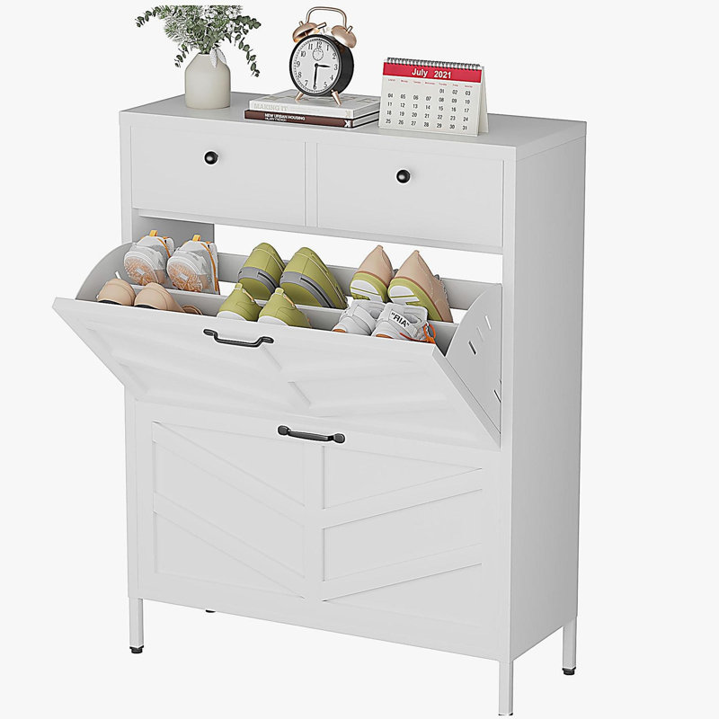 Shoe Cabinet with 2 Flip Drawers and 2 Drawers, Slim Metal Entryway Storage Cabinet, Freestanding Organizer