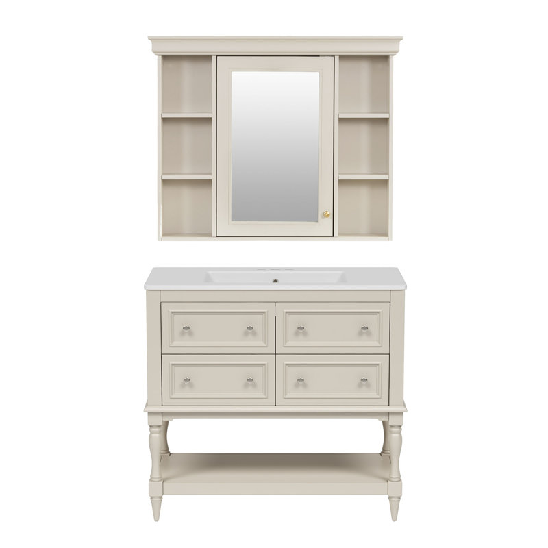 Meuble-lavabo pour salle de bain avec armoire à pharmacie, armoire à miroir moderne avec tablette réglable, armoire de rangement pour salle de bain à 4 tiroirs, armoire de rangement pour cadre de salle de bain en bois massif