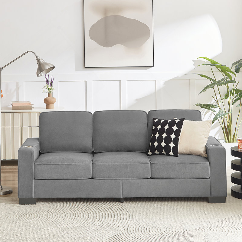 84.25"W 3-Seat Sofa with Cupholder, Gray Fabric