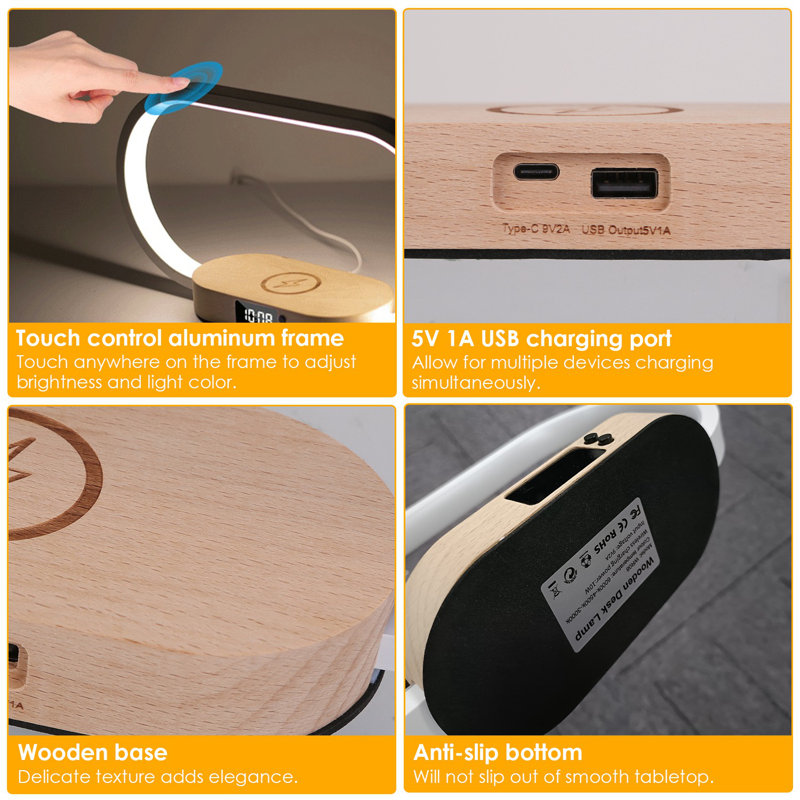 Touch ControlTable Lamp Lamp with Clock Wireless Charging Dimmable