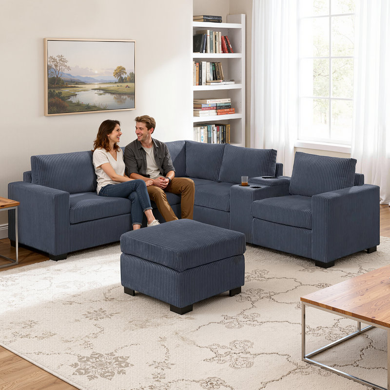 Canapé modulaire en L modulaire avec console USB et repose-pieds cocktail, Dark Grey Polyester