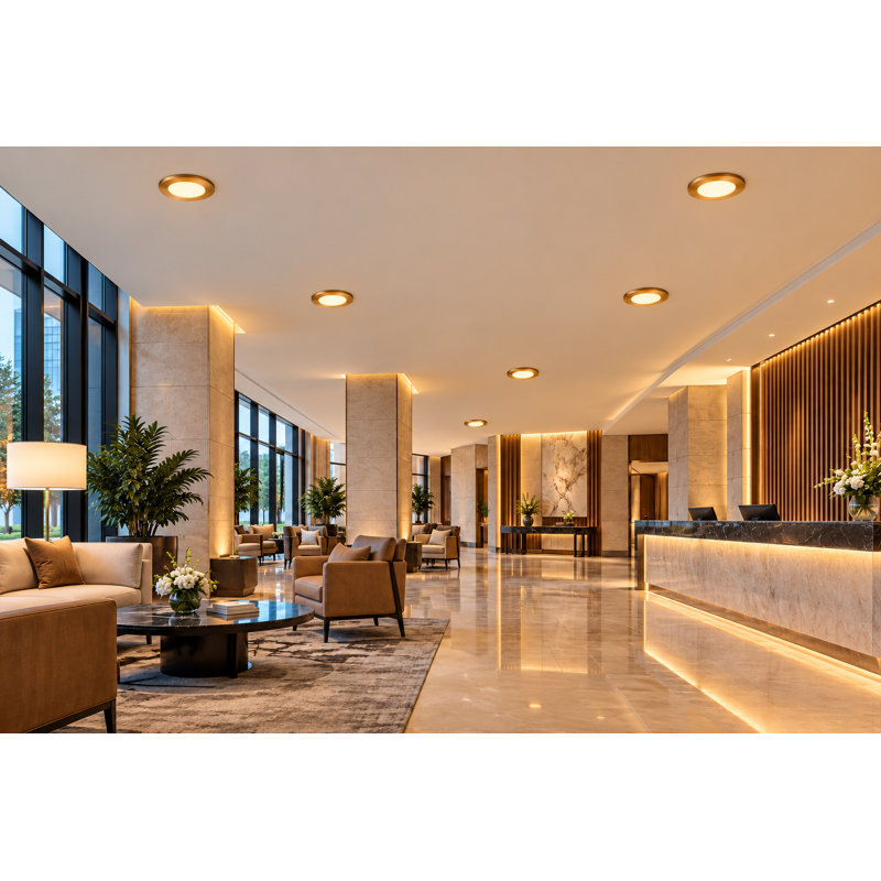 E2 Lighting 8" 18W Gold Ultra-Thin LED Recessed Downlight with 12W Emergency Battery Backup, 5 CCT, TRIAC Dimmable