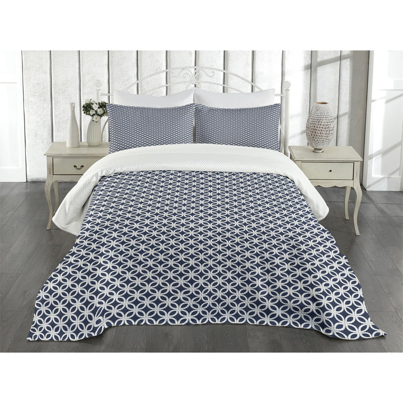 King Size Dark Blue and White Geometric Bedspread Set