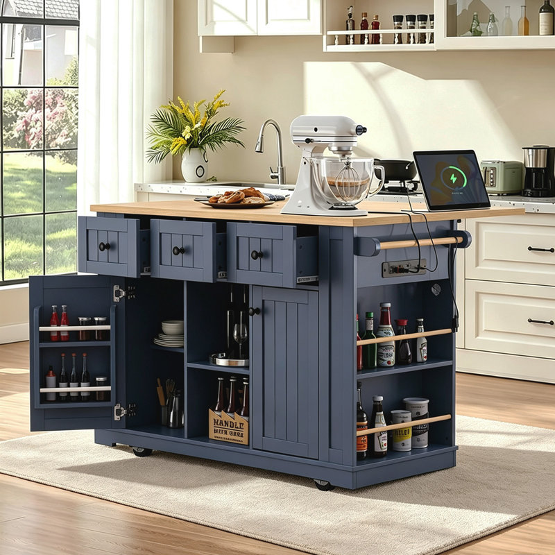 Grand îlot de cuisine avec abattant en bois d'hévéa - Chariot de cuisine à roulettes en relief sur 5 roulettes avec beaucoup de rangement