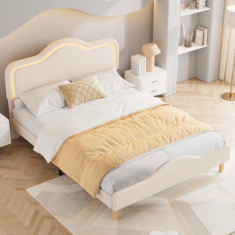 Upholstered Bed Frame with Adjustable Headboard and Footboard, Velvet Princess Platform Bedframe for Kids/Girls, Full/double