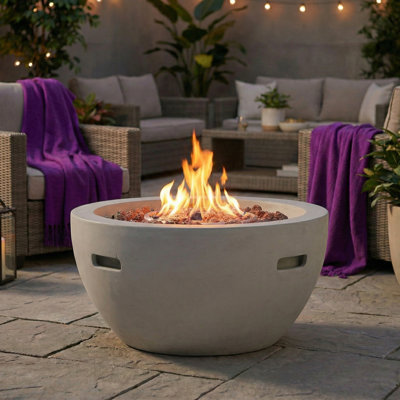 27'' MGO Propane Outdoor Fire Pit with Lightweight Concrete Finish, 40000 BTU Round Fire Pit Table with Steel Burner & Lava Rocks for Patio Backyard
