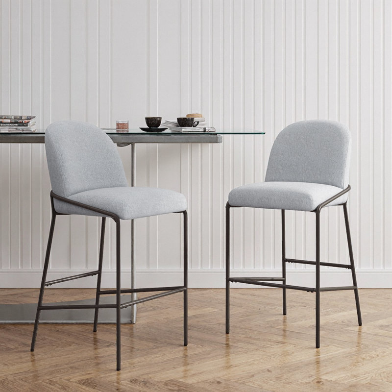 Set of 2 Gray Fabric Bar Stools with Antique Bronze Metal Frame for Modern Dining, Gray
