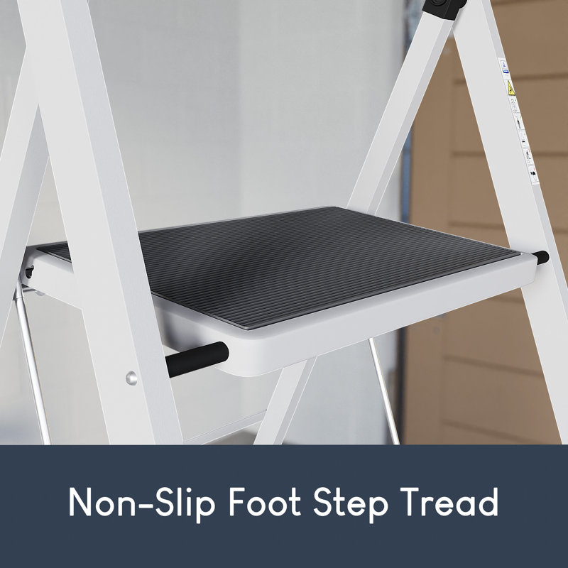 3.45 ft Steel 3 Step Ladder, Heavy Duty Steel, Folding, Portable With Anti-Slip Mat, White