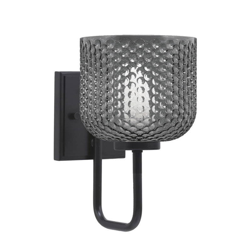 Amarmula 1 Light Wall Sconce, Matte Black Finish, 6" Smoke Textured Glass, Clear/Black, Black