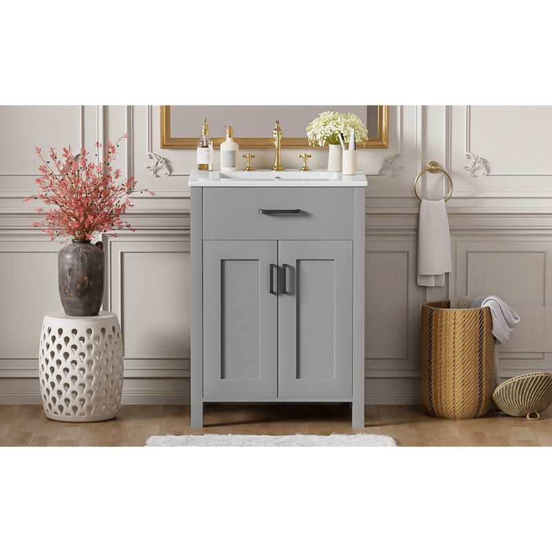 Meuble-lavabo de 24 po, lavabo en céramique, tiroir rabattable, double couche, tablette réglable et charnières à fermeture en douceur pour le rangement avec évier, fabrication, rangement spacieux, portes, poignées en aluminium noir, U