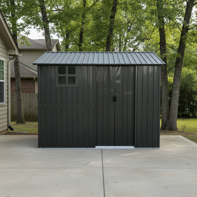 Roomfitters 8x6 ft Metal Storage Shed Outdoor Backyard Garden House Sliding Door Lockable Tool House Window, Black