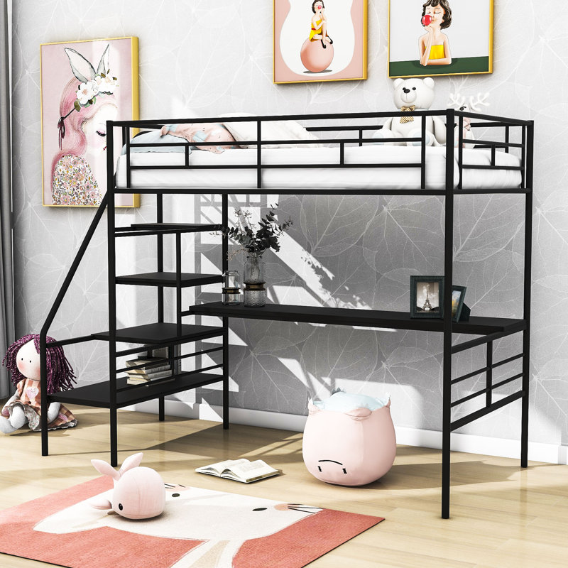 Twin Size Metal Loft Bed With Built-In-Desk