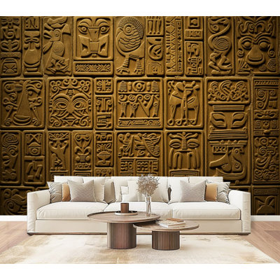 Vintage Peel and Stick Wallpaper Ancient Hieroglyphic Relief Carved Symbols Earthy Brown Tones Wall Murals 69"H x 96"W Removable PVC Wall Paper Self-Adhesive Wall Decor for Bedroom Living Room Home Office