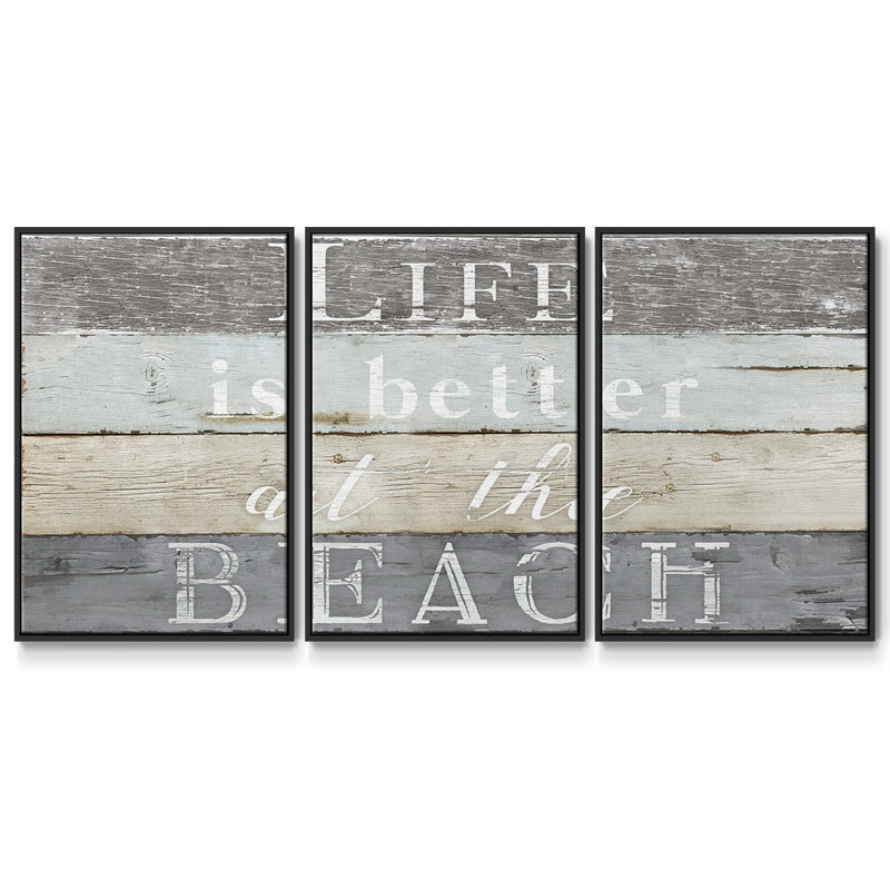 «Life Better Beach», art textuel sur toile 3 pièces, H 24 po x l 48 po x P 2 po, Noir