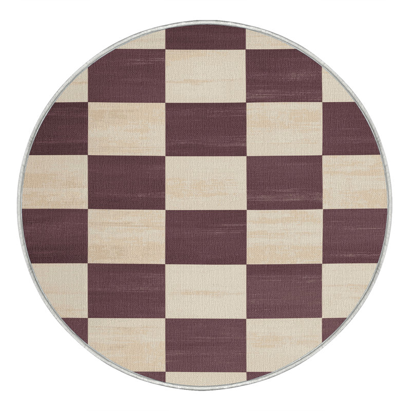 Machine Washable Checkered Beige Area Rug, Round 3'