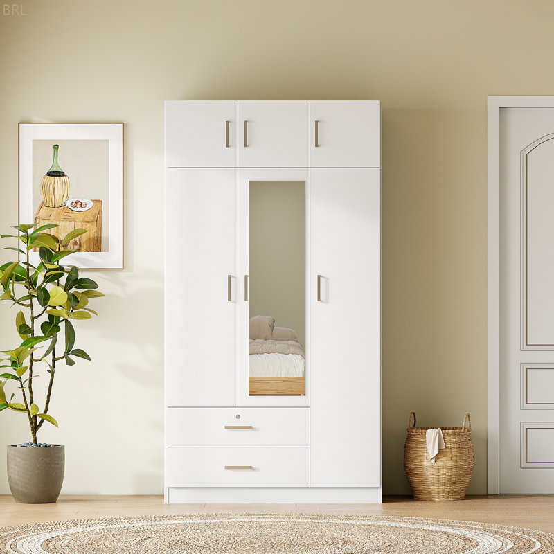 Armoire à miroir 3 portes avec 2 tiroirs et armoire supérieure, Blanc