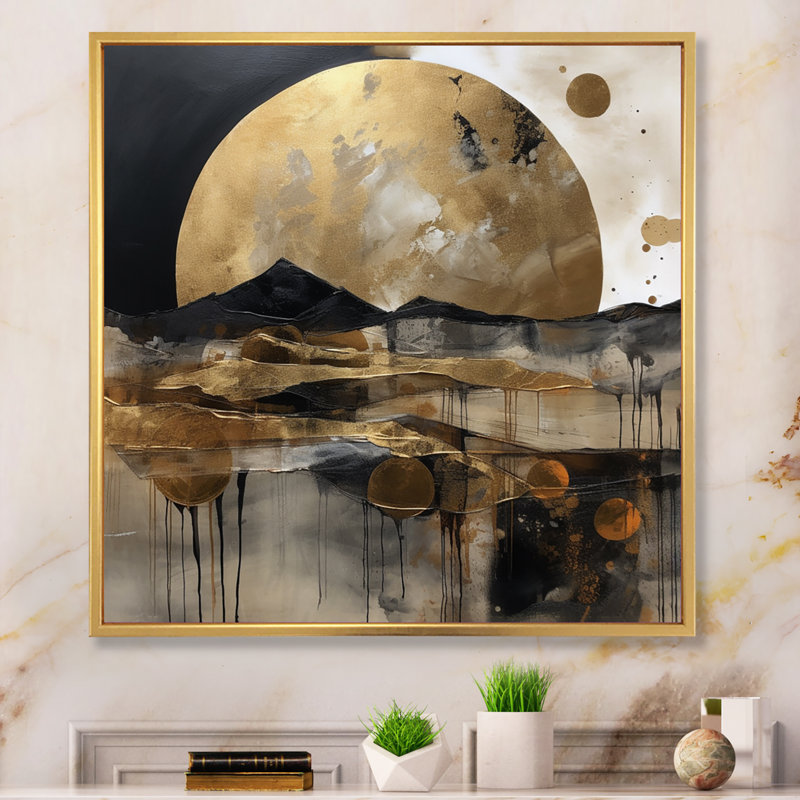 Frederica explorant la lune dorée en évolution III, H 36 po x l 36 po x P 1,5 po, Cadre flottant doré