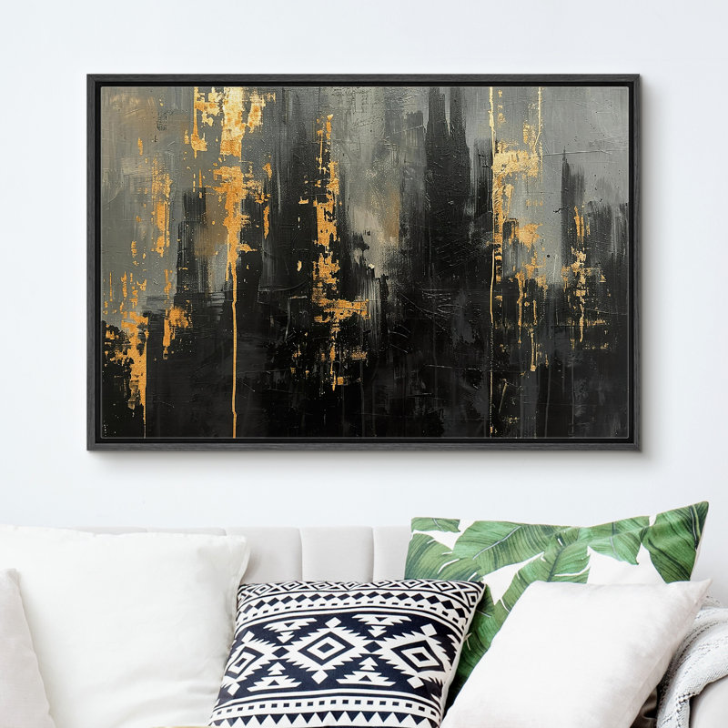 «Moody Gold Abstract City Buildings Modern Contemporary Bed Art», reproduction d'art sur toile encadrée, Cadre noir