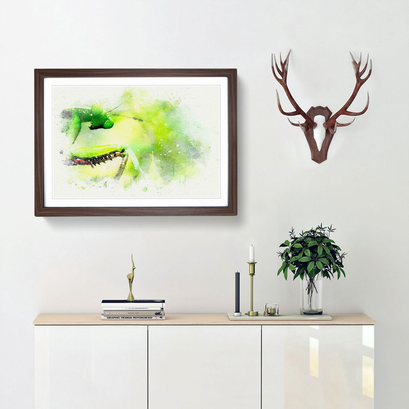 Peering Praying Mantis in Abstract - Picture Frame Graphic Art Print, Walnut Framed, 48cm H x 65cm W x 2cm D