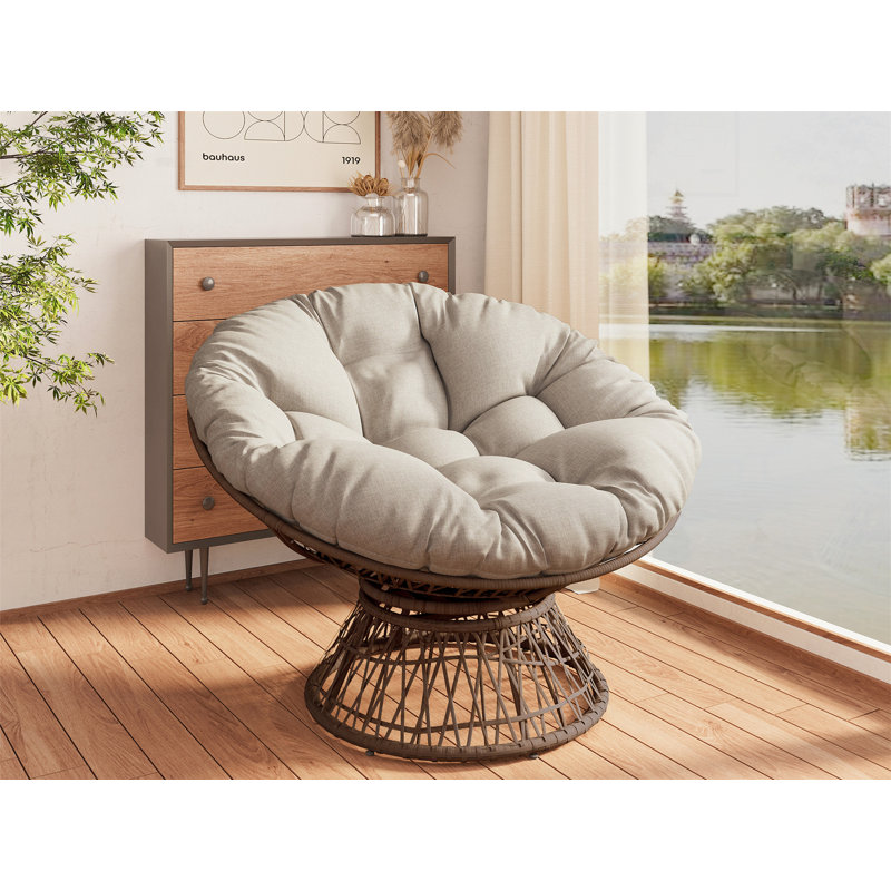 Fauteuil ergonomique confortable en osier avec coussin épais et pivotant à 360 degrés, Brun, Beige