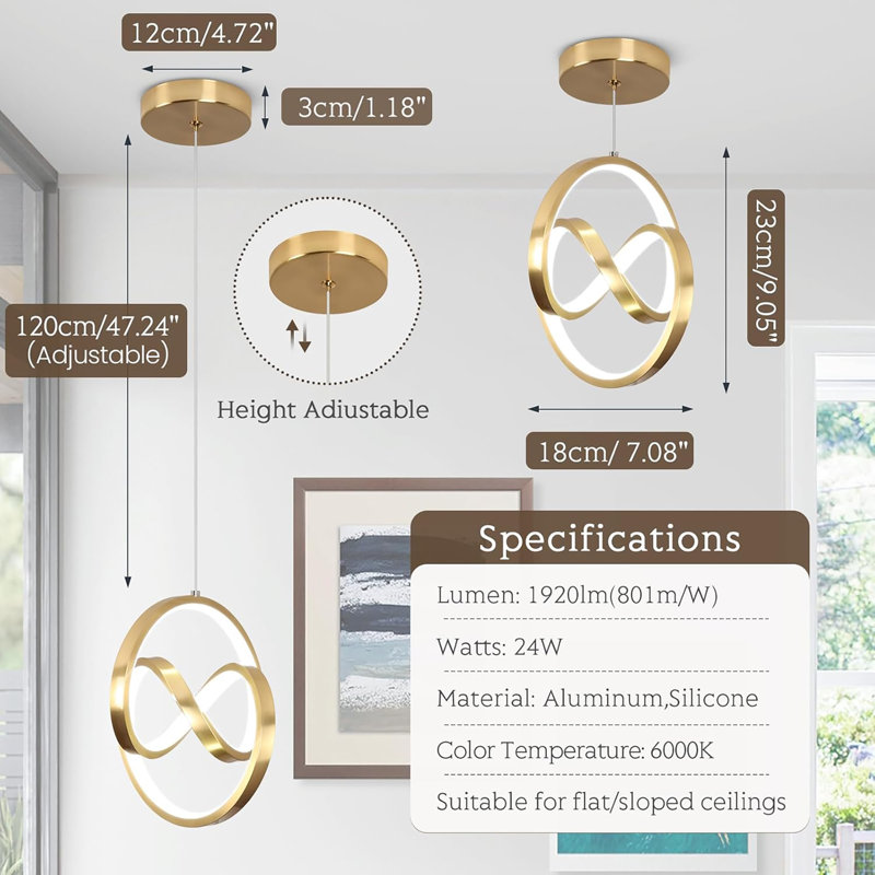 Luminaires suspendus modernes 6000K, luminaires suspendus à DEL pour îlot de cuisine, luminaires suspendus à hauteur réglable pour salle à manger, cuisine, chambre à coucher, 1 paquet