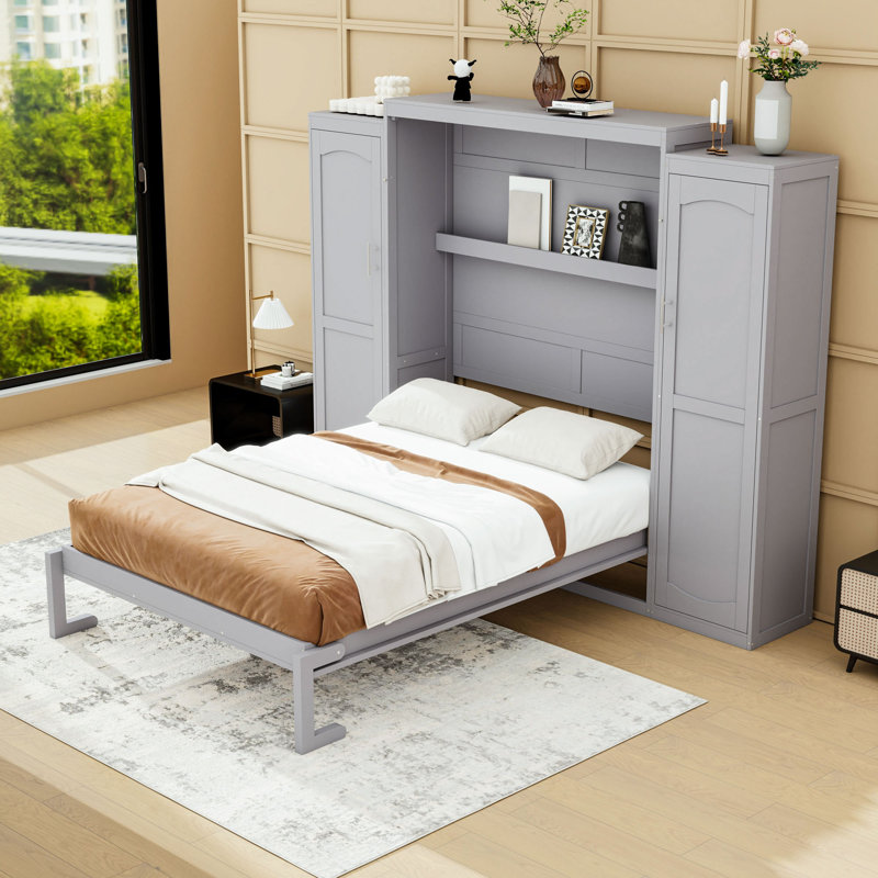 Lit escamotable avec garde-robe intégré et conception pliante polyvalente, Gris, Double