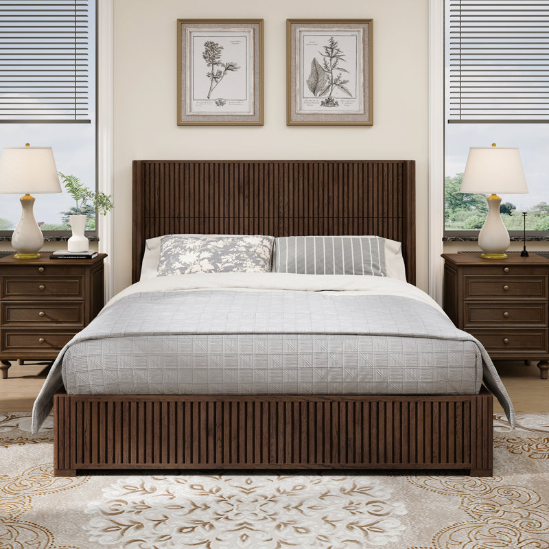Grand lit plateforme en bois massif avec tête de lit et lit sur pied - Noyer, Queen, Walnut