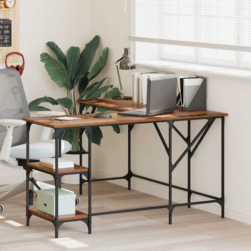 L-Shaped Metal Base Computer Desk, Old Wood, 75cm. H x 139cm. W x 139cm. D