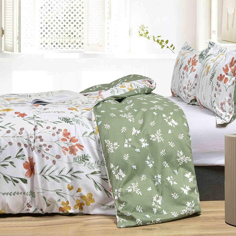 Ensemble d'édredon, ensemble de literie à motif floral blanc et jaune 3 pièces avec imprimé feuille verte, ensemble de couette en duvet synthétique microfibre douce réversible, style maison de campagne rétro