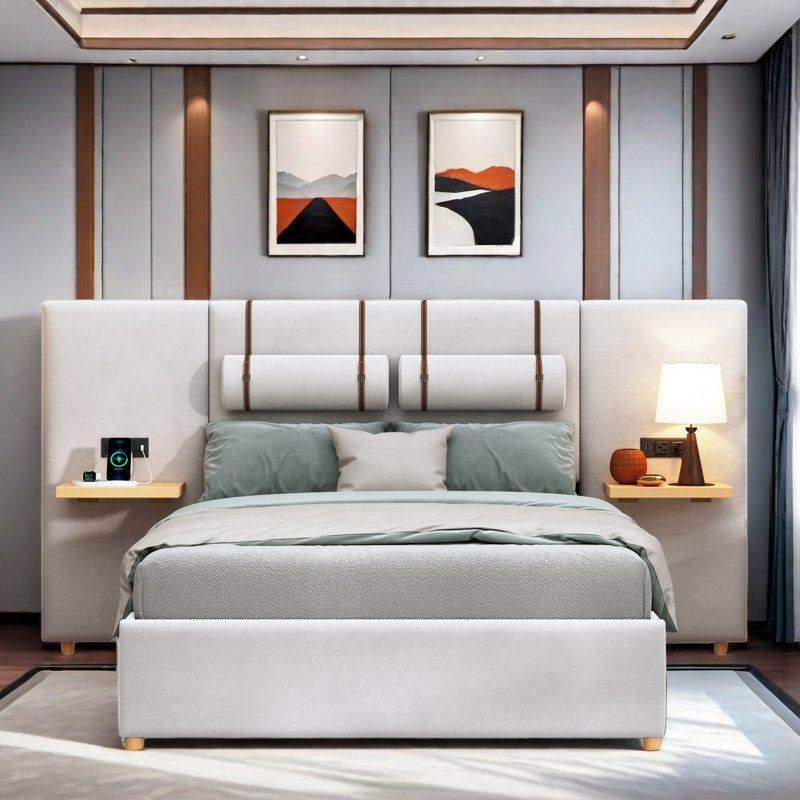 Upholstered Platform Bed With Two Bedside Pillows, Storage Shelves, Two Outlets And USB, Beige, Full