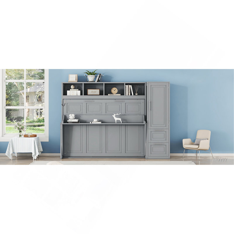 Lit escamotable double pleine grandeur avec placard et tiroirs, gris