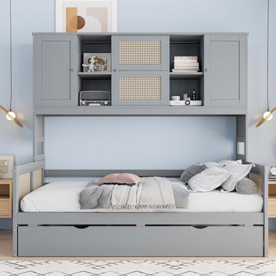 Versatile Wooden Daybed with Trundle and Integrated Cabinet and Shelf, Ideal for Space - Saving and Comfortable Living