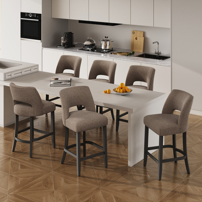Upholstered Counter Height Bar Stool With Solid Wood Legs Set Of 6, Brown, 6