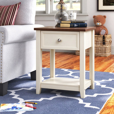 Farmhouse Wooden End Table, Side Table with Drawer & Open Storage Shelf, Nightstand for Living Room Bedroom