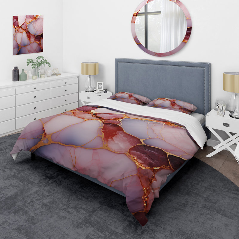 Ensemble de housse de couette en marbre doré et rose Essence II, Housse de couette simple + 1 taie décorative stan