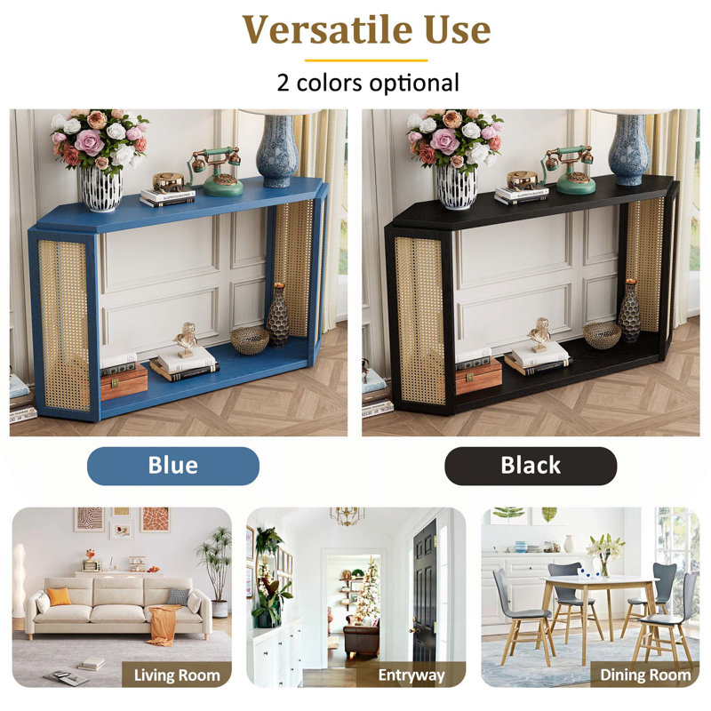 Console Table With Bottom Shelf And Rattan Side, Black
