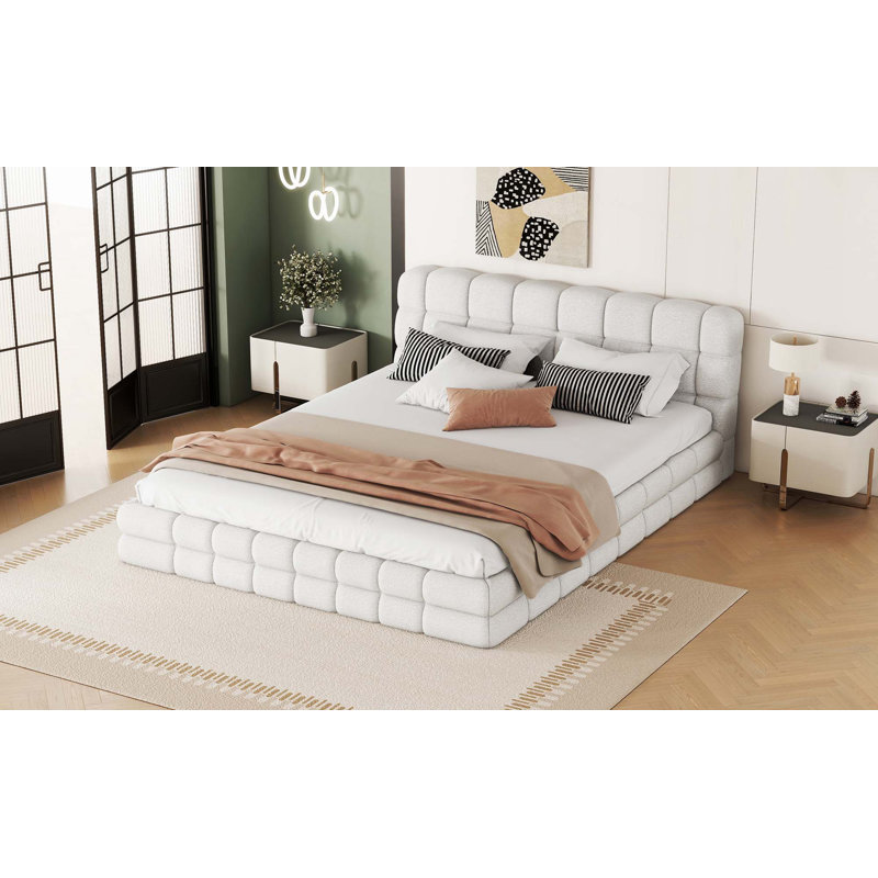 Osuma Upholstered Platform Bed, White, Queen