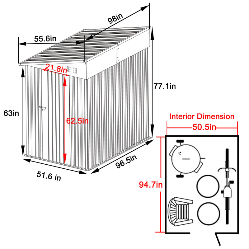 Metal Lean-to Storage Shed Multiple Sizes, 6.4' H x 4' W x 8' D