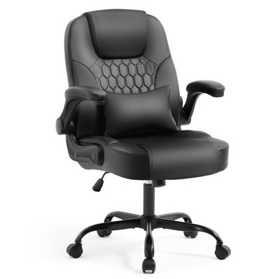 Executive Leather Office Chair, Task Chair with Flip-up Arms, PU Desk Chair with Lumbar Support, Home Computer Chair, Black