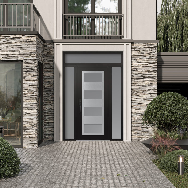 Panneau d'entrée en acier noir / blanc avec 2 panneaux latéraux et porte d'entrée avant suspendue, L 69 po x H 95,69 po, Oui