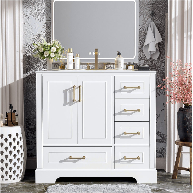 Meuble-lavabo traditionnel 36 po avec lavabo en céramique, armoire de salle de bain blanche avec deux portes à fermeture douce et quatre tiroirs
