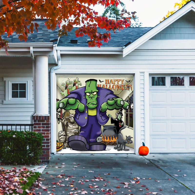 Bannière de porte de garage simple 7 pi x 8 pi Frankenstein - Décorations d'extérieur