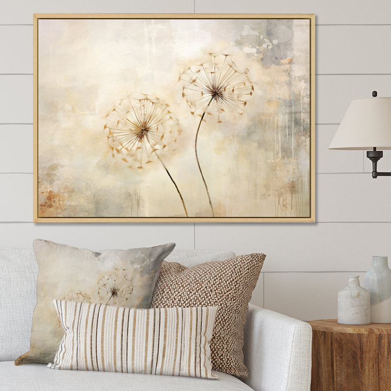 Pissenlit en sourdine - art mural pissenlit, H 30 po x l 40 po x P 1,5 po, Cadre flottant blanc