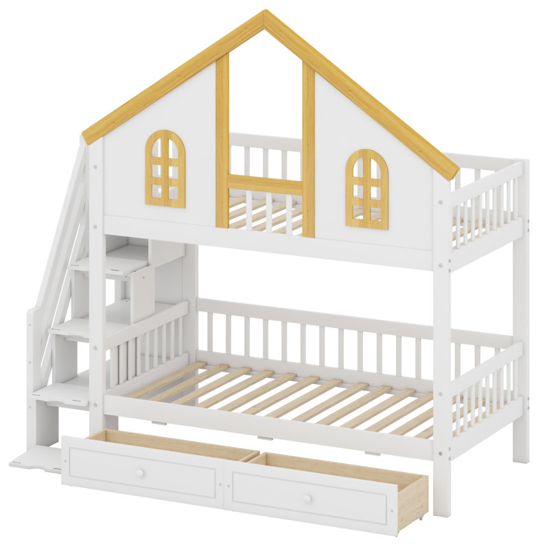 Bunk Bed Featuring a Roof Design, Accessible Drawers, and Step-Up Staircase