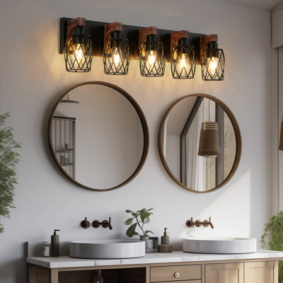 31 - Inch Industrial 5 Wall Sconce With Black Cage And Rustic Wood For Bathroom, Office, Entryway, Structure, Compatible Different Sources Vintage Measuring Inches Lighting Walnut Accents Living