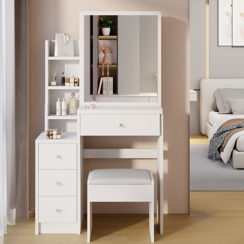 Table de coiffeuse 29,2 "et siège rembourré - blanc pour petite pièce Tabouret de rangement grande capacité American Design