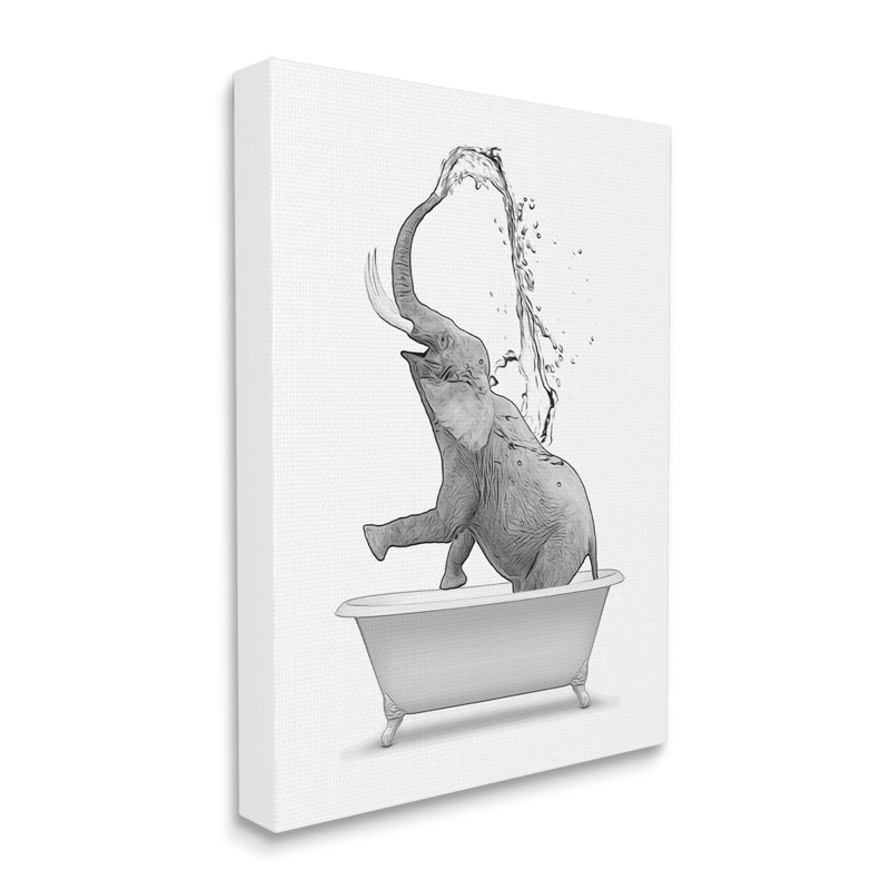 Art mural sur toile surdimensionné avec baignoire à éléphant monochrome, Toile tendue, H 30 po x l 24 po x P 1,5 po
